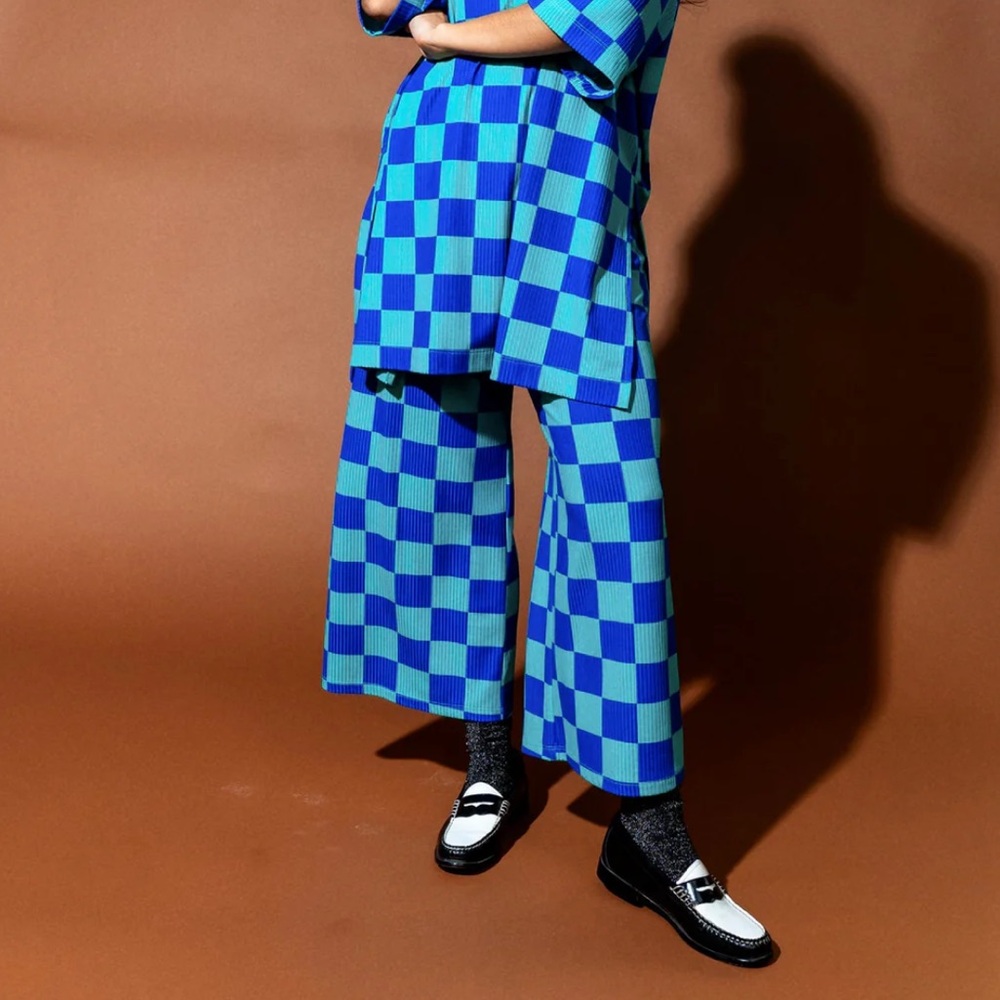 Dressed in Lala x Mermeg Blue & Teal Checker Knit Wide-Leg Pants